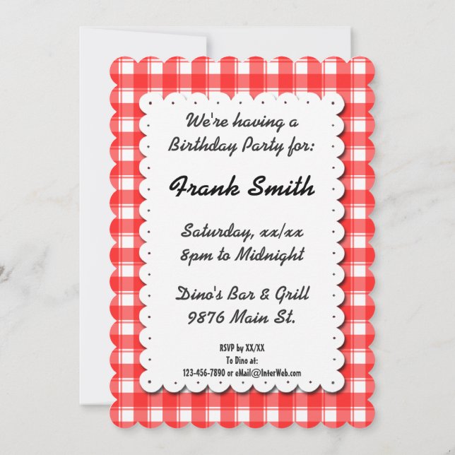 Retro Red White Gingham Plaid Editable Invitation (Back)