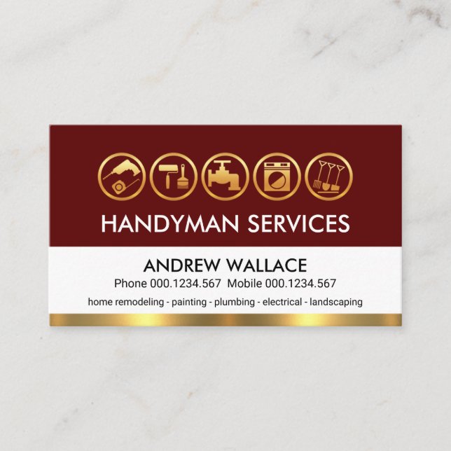 Retro Red White Gold Handyman Layers Business Card (Front)