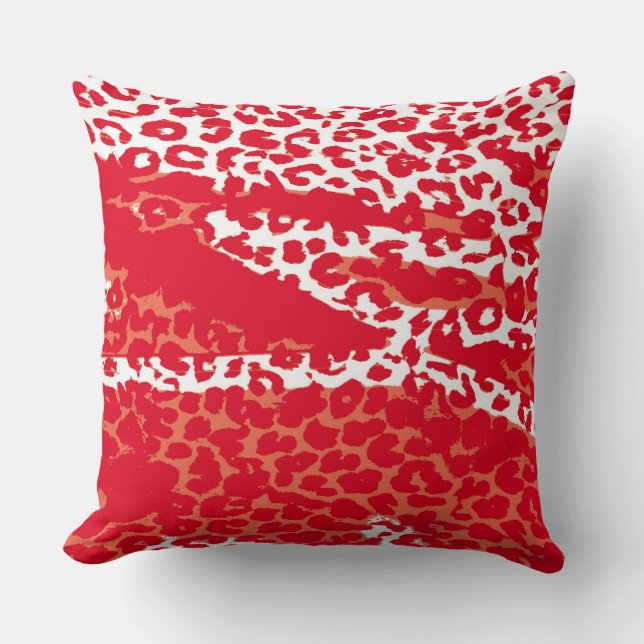 Retro Red White Leopard Print Skin Throw Pillow (Front)