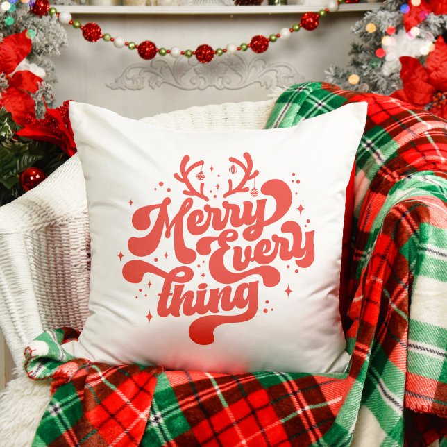 Retro Red White Merry everything Merry Christmas  Throw Pillow (Retro Red White Merry everything Merry Christmas Throw Pillow)