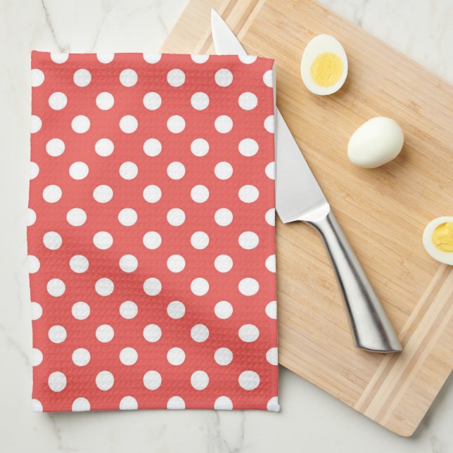 Retro Red & White Polka Dot Pattern Kitchen Towel (Quarter Fold)