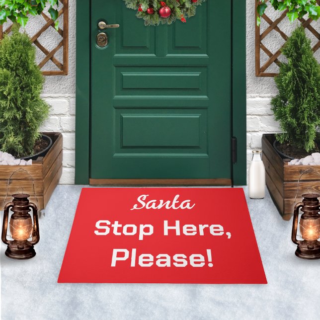 Retro Red White Simple Santa Stop Here Doormat (A festive doormat with 'Santa Stop Here, Please!' message in white on red, with a retro look)