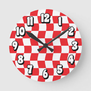 Retro Red White Wavy Checkerboard Pattern Round Clock