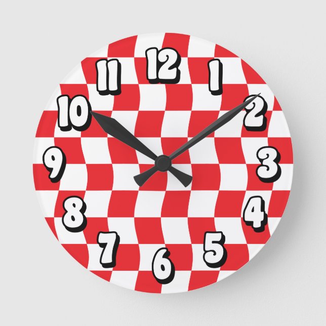 Retro Red White Wavy Checkerboard Pattern Round Clock (Front)