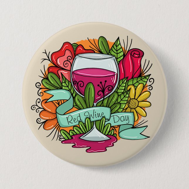 Retro Red Wine Day, floral arsty wine Button (Front)