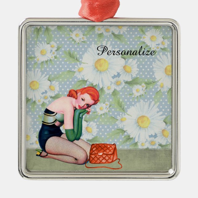 Retro Redhead Pin-up Girl Christmas Ornament (Front)