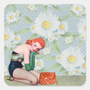 Retro Redhead Pin-up Girl Square Sticker