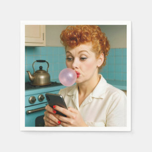 Retro Redhead Woman Texting On a Cell Phone Napkins