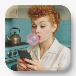 Retro Redhead Woman Texting On a Cell Phone Paper Plates