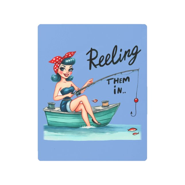 Retro Reeling Them In Pin-up Metal Print (Front)