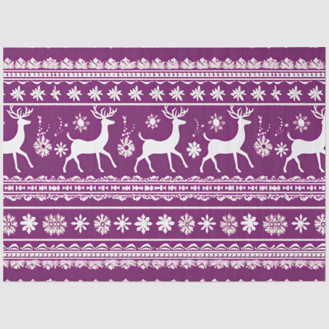 Retro Reindeer and Snowflakes Purple Christmas Tissue Paper (Front)