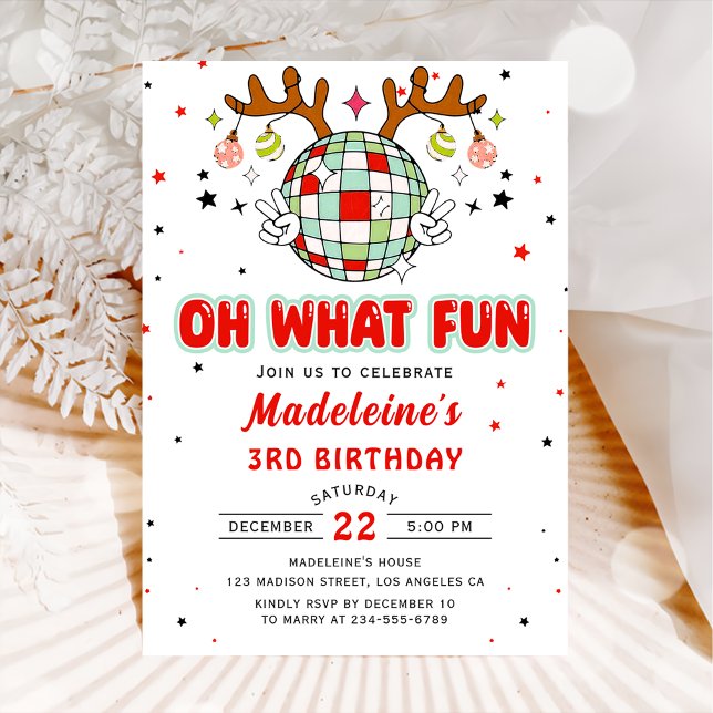 Retro Reindeer Christmas Birthday Oh What Fun Invitation (Creator Uploaded)