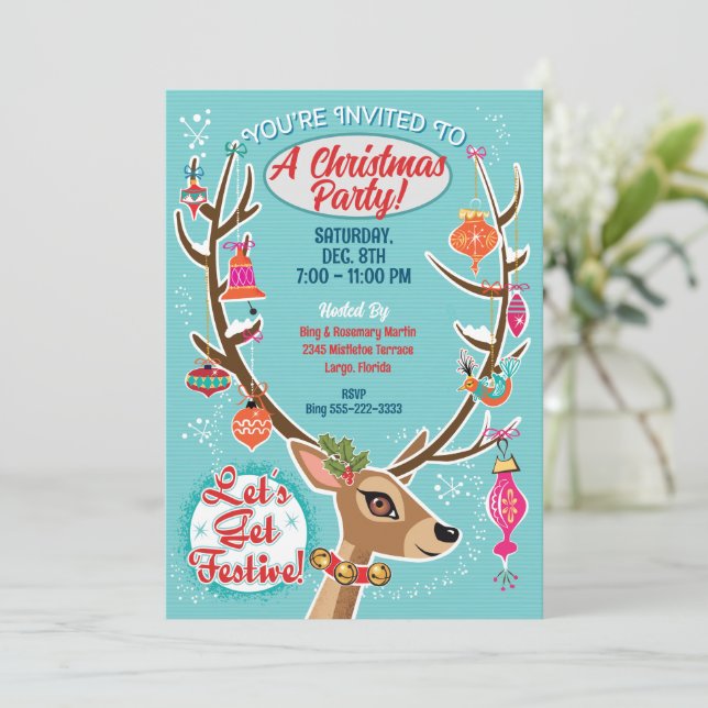 Retro Reindeer Christmas Party Invitation (Standing Front)