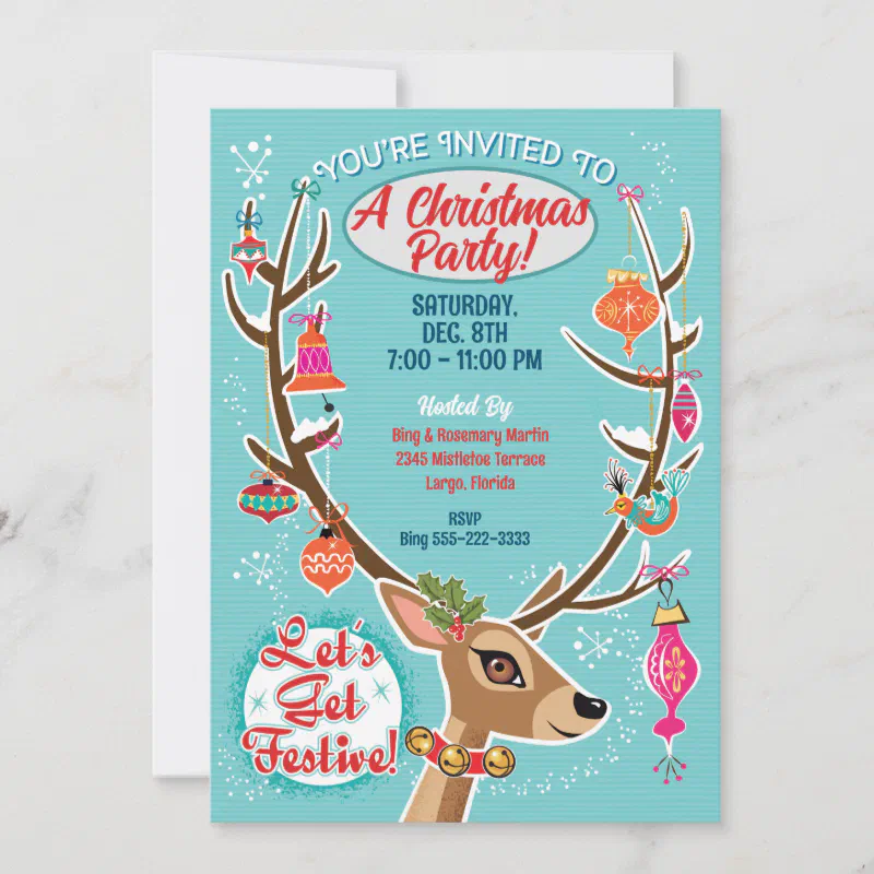 Retro Reindeer Christmas Party Invitation (Front)