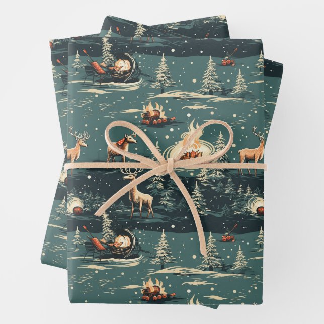 Retro Reindeer Christmas Wrapping Paper Sheets (In situ)