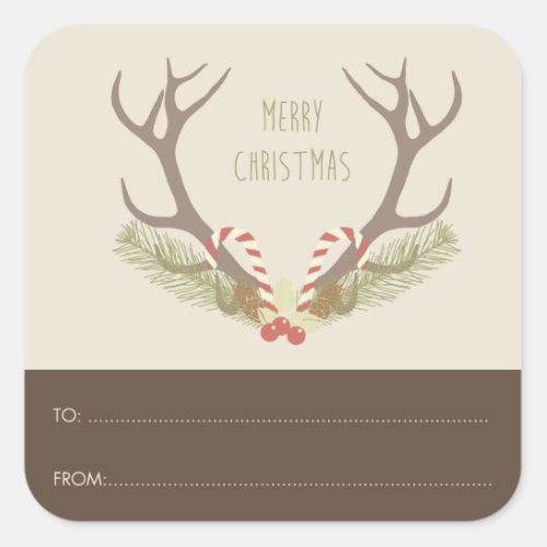 Retro Reindeer horns Candy Cane and Berries Square Sticker