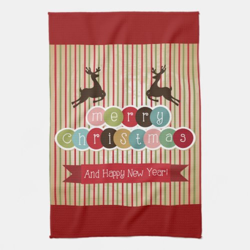 Retro Reindeer Merry Christmas Happy New Year Kitchen Towel