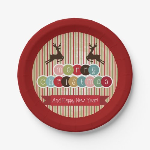 Retro Reindeer Merry Christmas Happy New Year Paper Plates