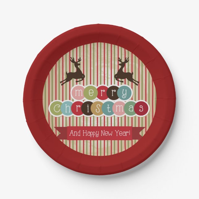 Retro Reindeer Merry Christmas Happy New Year Paper Plates (Front)