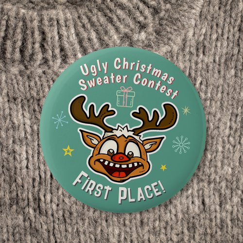 Retro Reindeer Ugly Christmas Sweater Contest 1st Button