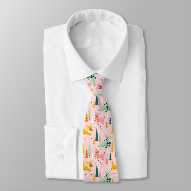 Retro Reindeer Wonderland Holiday Pattern Neck Tie (Tied)