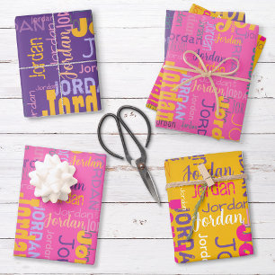 Retro Repeating Name Colors Pink Purple Yellow Wrapping Paper Sheets