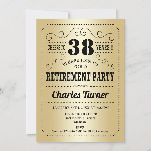 Retro Retirement Party - Gold Black Invitation (Front)