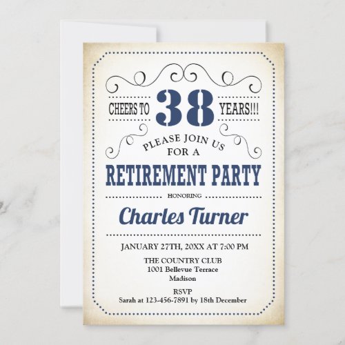 Retro Retirement Party _ Navy Blue Cream White Invitation