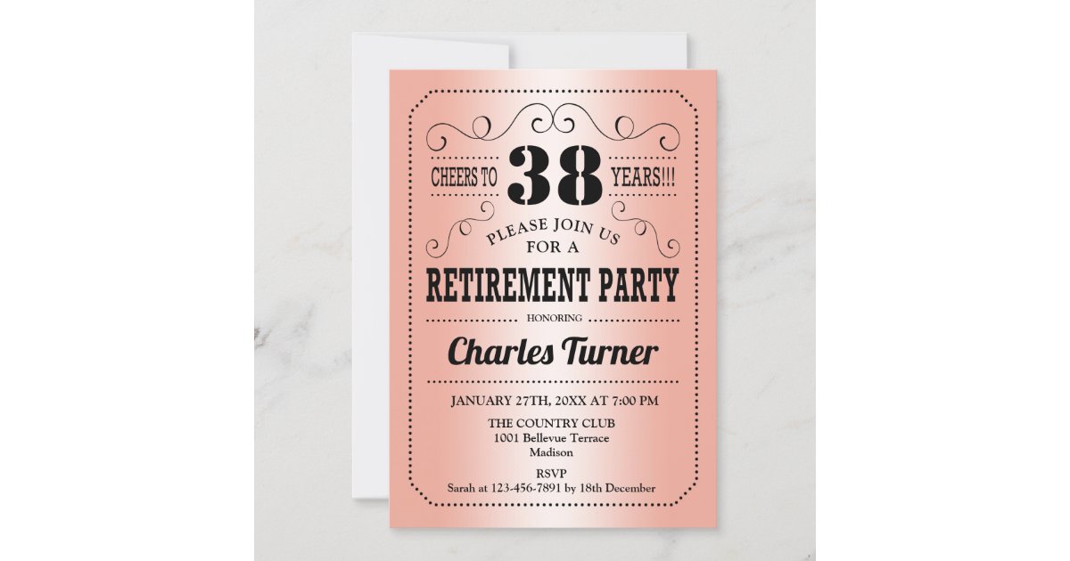 Retro Retirement Party - Rose Gold Black Invitation | Zazzle