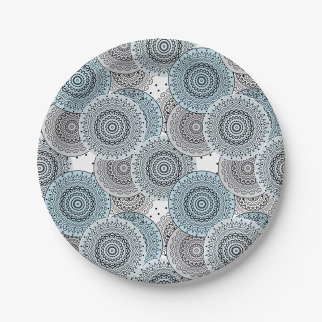 Retro, retro pattern, blue and gray,  elegant bath paper plates (Front)