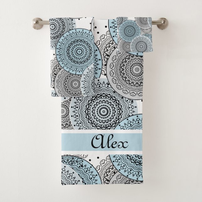 Retro, retro pattern, blue and gray,  elegant bath towel set (Insitu)