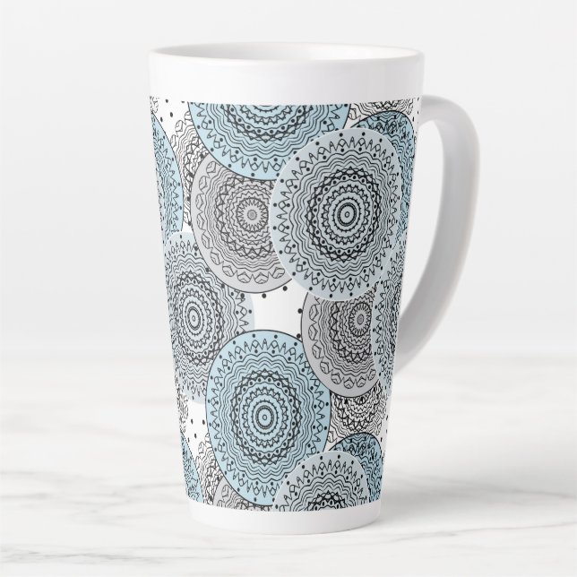 Retro, retro pattern, blue and gray,  elegant latte mug (Right Angle)