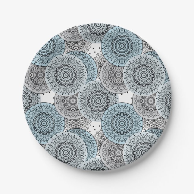 Retro, retro pattern, blue and gray,  elegant paper plates (Front)