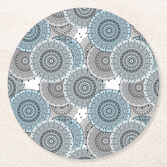 Retro, retro pattern, blue and gray,  elegant round paper coaster (Front)