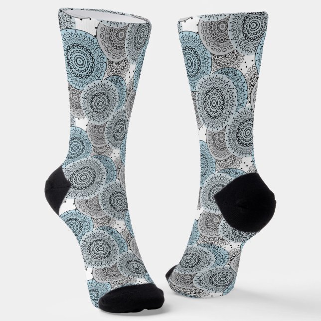 Retro, retro pattern, blue and gray,  elegant socks (Angled)