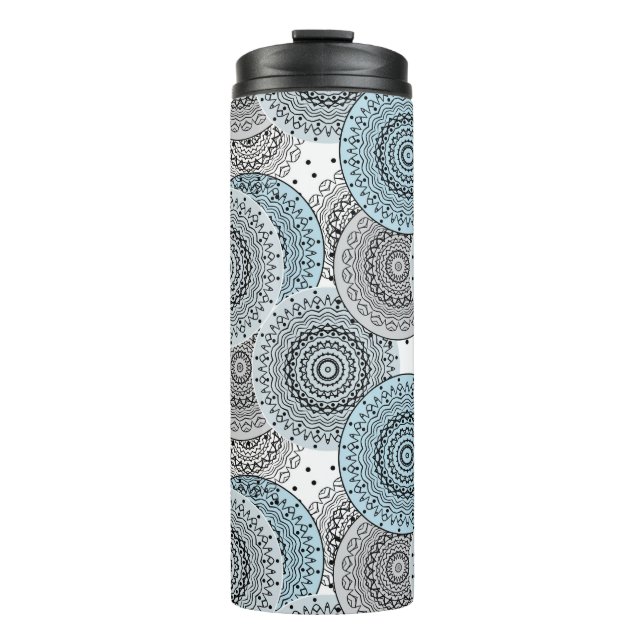 Retro, retro pattern, blue and gray,  elegant thermal tumbler (Front)