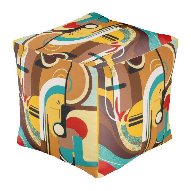 Retro Revival | Abstract Yellow & Brown Art Pouf (Angled Back)