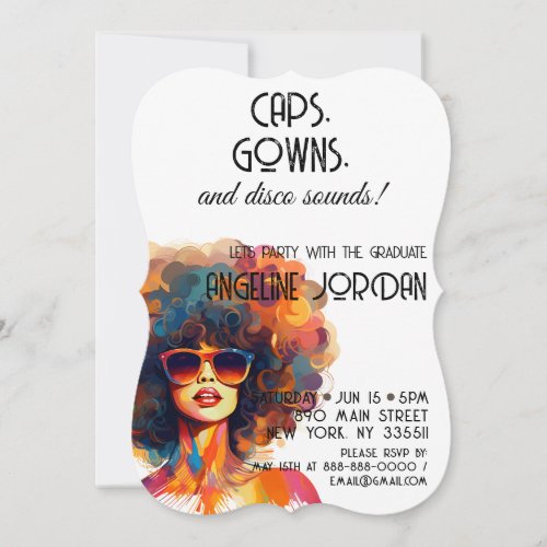 Retro Rewind  Caps Gown  Disco Sounds Grad Party Invitation