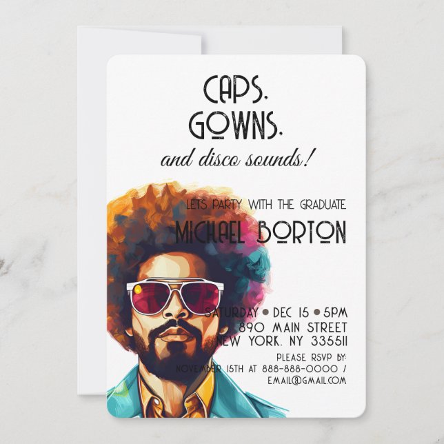 Retro Rewind | Caps Gown & Disco Sounds Grad Party Invitation (Front)