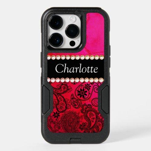 Retro Rhinestones and Paisley Custom OtterBox iPhone 14 Pro Case