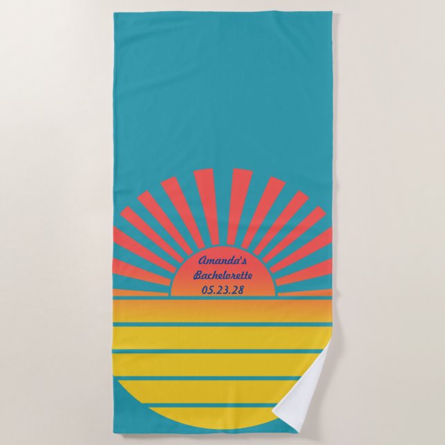 Retro Rising Sun Bachelorette Blue Red Yellow Beach Towel (Front)