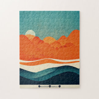 Retro River Landscape Illustration Orange Blue Jigsaw Puzzle