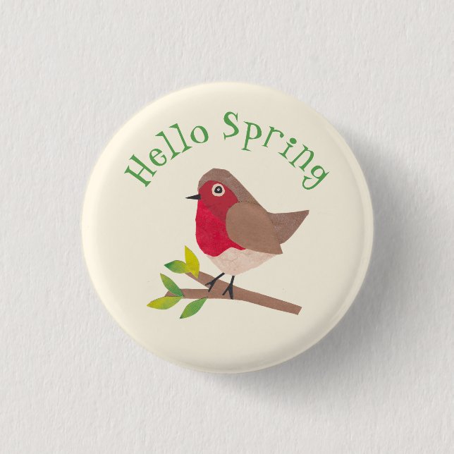 Retro Robin Hello Spring Cute Personalized Spring Button (Front)