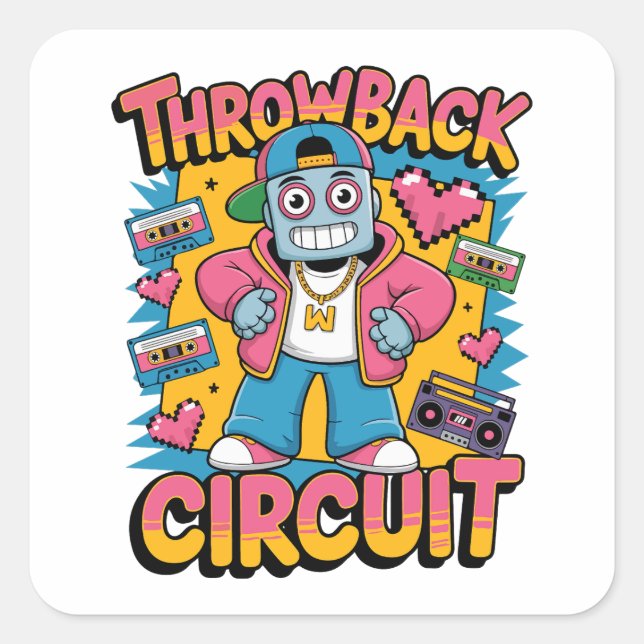 Retro Robot 90s Hip Hop Design – Fun Cartoon Throw Square Sticker (Front)