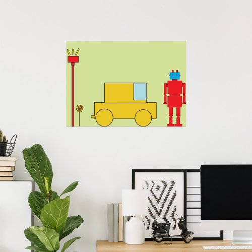 Retro Robot And Car Poster