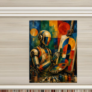 RETRO ROBOT ARTIST III WHIMSICAL PAINTER ROBOT CANVAS PHOTO TILE
