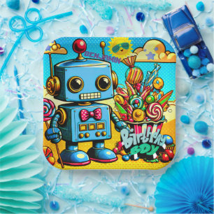 Retro Robot Birthday Boy customizable Paper Plates