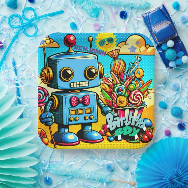 Retro Robot Birthday Boy customizable Paper Plates (Party)