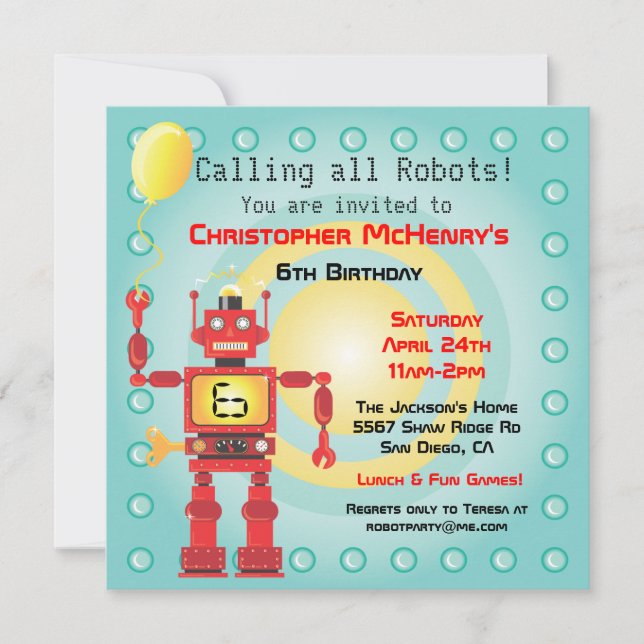 Retro Robot Birthday Party Invitations (Front)