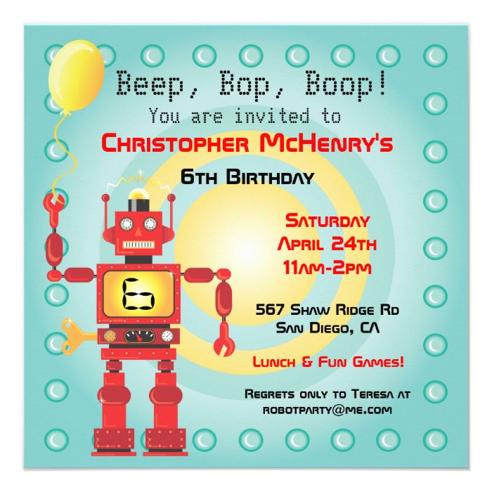 Retro Robot Birthday Party Invitations